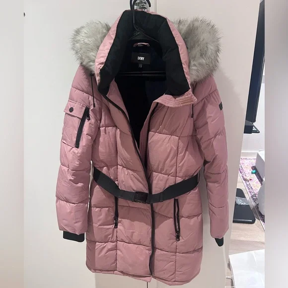 DKNY Pink Puffer Coat with black belt and removable Fur Hood - Picture 2 of 16